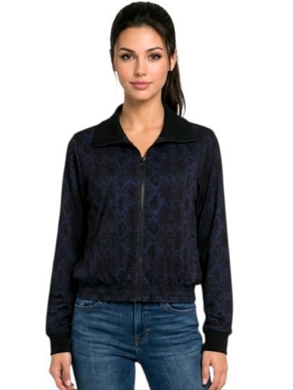 Athleta Brooklyn Track Navy & Black Snake-Print Bomber Jacket Size XS